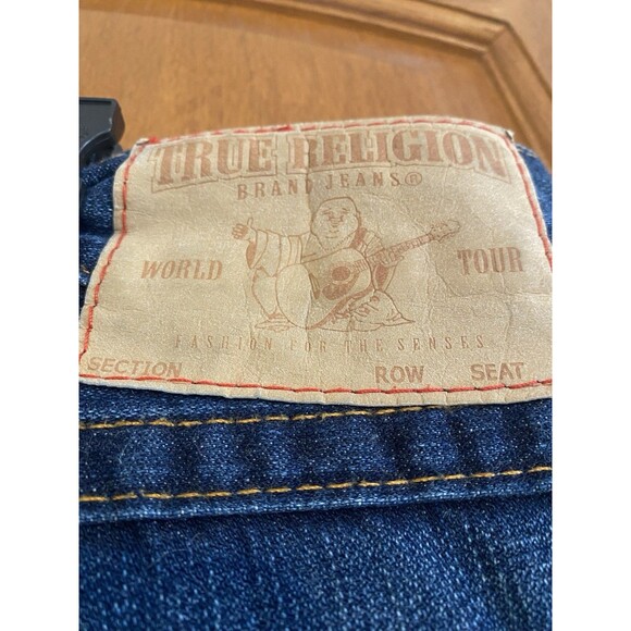 True Religion Men Denim Jeans 36 Bootcut/Flare Twisted Seams Green/Yellow Paint - Picture 4 of 13